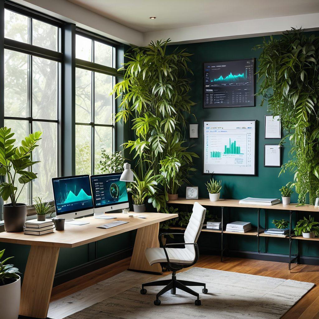 A futuristic home office setting featuring a sleek virtual desktop interface displayed on a large monitor, with a user interacting via gestures. The background includes plants and natural light coming through a window, symbolizing productivity and comfort in a remote work environment. Include elements like digital clocks, productivity tools, and charts showing efficiency gains. Bright and vibrant colors to create an inviting atmosphere. super-realistic. modern design.