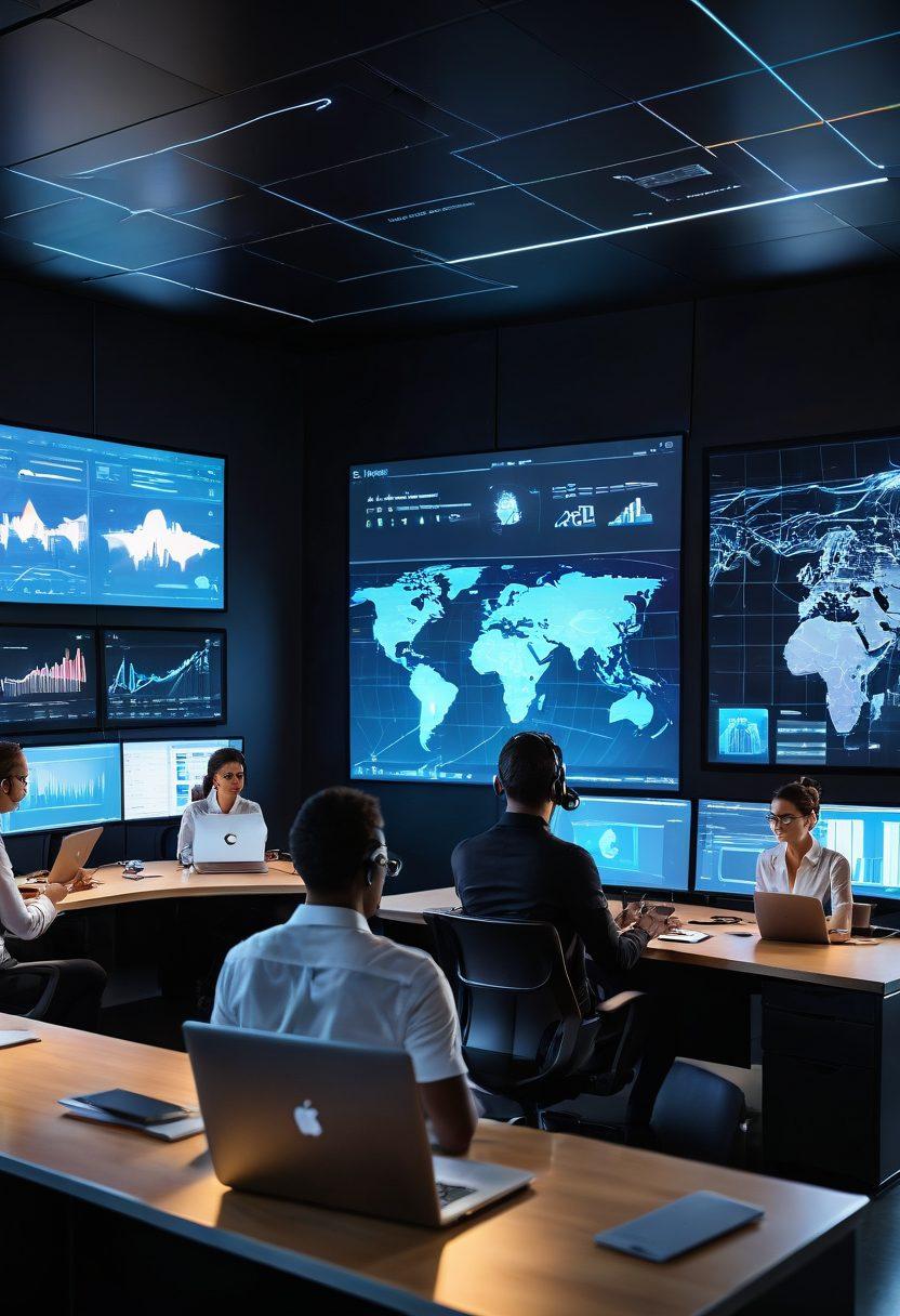 A futuristic office environment showcasing diverse professionals collaborating seamlessly using cloud desktop technology on multiple devices. Highlight a large digital screen displaying data analytics and productivity graphs, with warm lighting and an inviting atmosphere. Include elements of innovation like virtual reality headsets and holographic displays. super-realistic. vibrant colors. modern design.