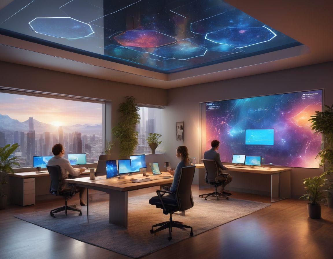 A futuristic office scene showcasing a diverse group of remote workers engaging with desktop virtualization technology. Include holographic screens displaying graphs and virtual environments, a cozy home office setting, ergonomic furniture, and warm lighting. Emphasize collaboration and flexibility in their workspaces. super-realistic. vibrant colors. 3D.